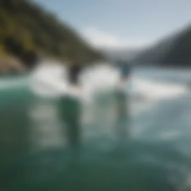 A group of friends enjoying wake surfing together on a sunny day.