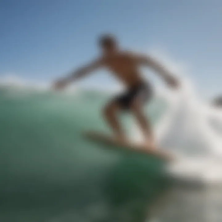 An advanced skimboarder performing a trick on a wave