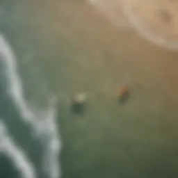 An aerial view of a serene beach with skimboarders gliding on the water