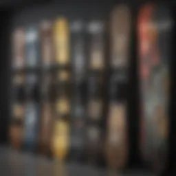 A variety of Burton snowboards lined up for display, showcasing different styles and graphics.
