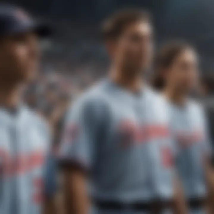 A group of individuals wearing baseball jersey style shirts at a sporting event