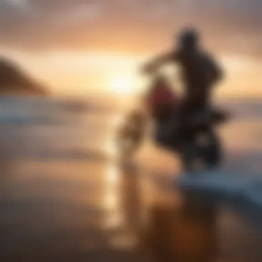 Motorcycle riding along the beach at sunset