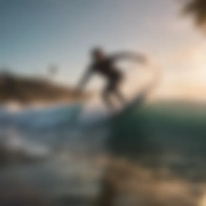 A scenic beach with surfers utilizing powered boards