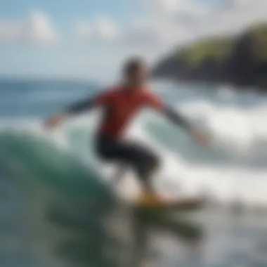 A beginner surfer riding a small wave with enthusiasm