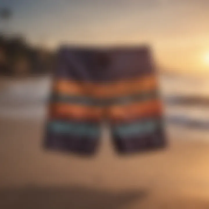 Diverse range of stylish boardshorts displayed on a beach background