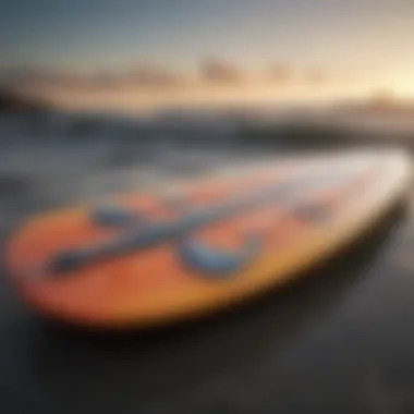 A close-up view of a fish surfboard showcasing its unique tail design