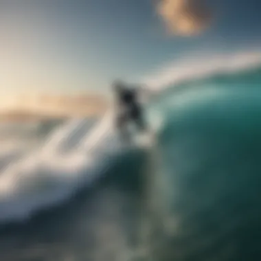 A surfer riding a wave on a fish surfboard in a vibrant ocean setting