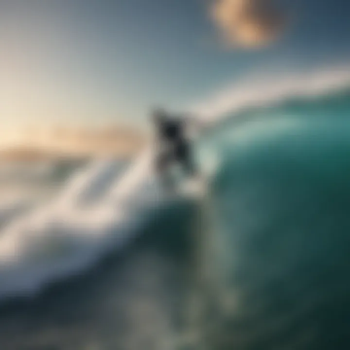 A surfer riding a wave on a fish surfboard in a vibrant ocean setting