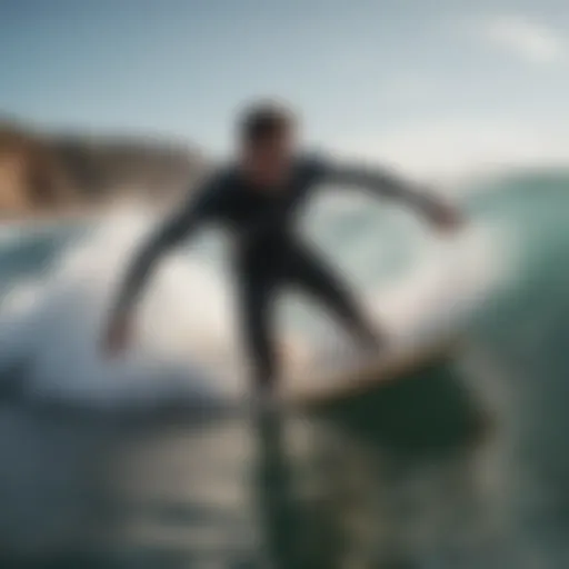 Beginner surfer catching a wave in pristine waters.