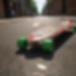 Detailed view of a longboard with vibrant designs