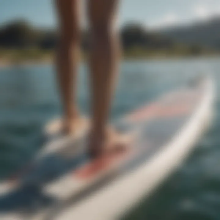 Detailed view of the paddle board's fin system