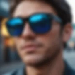 Stylish black sunglasses with blue lenses against a vibrant backdrop