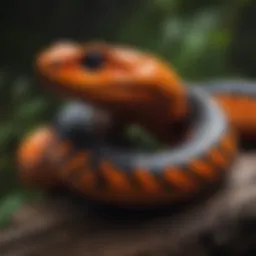 A striking black and orange pit viper coiled on a branch, showcasing its vibrant colors and unique patterns.