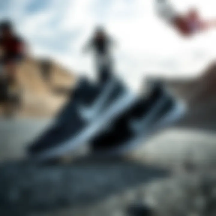 Nike Workout Shoes in Extreme Sports Context Nike workout shoes displayed against a dynamic background of extreme sports