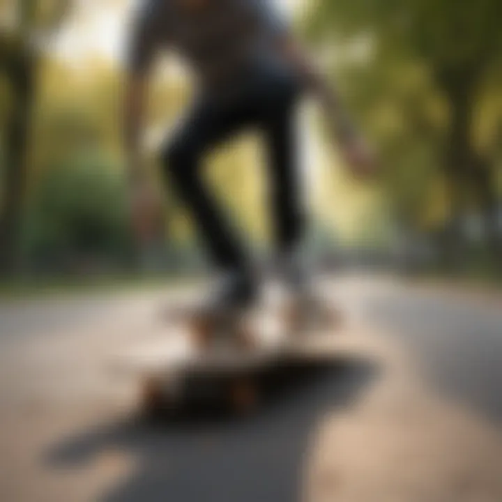 Beginners practicing skateboarding in a park, demonstrating different skill levels.