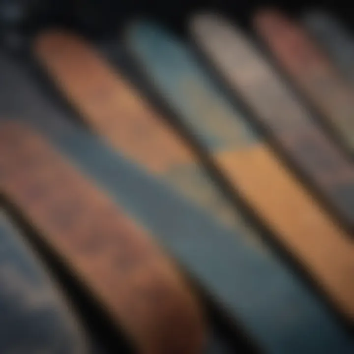 Close-up view of various skateboard deck types showcasing materials and shapes.