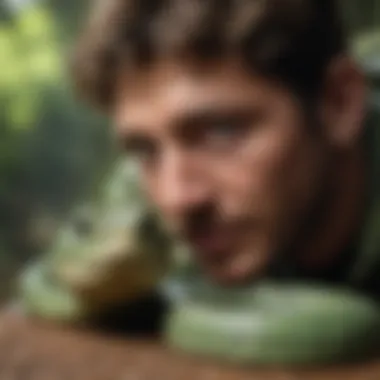 An enthusiast handling a pet pit viper with care