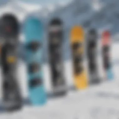 A variety of snowboards lined up against a snowy backdrop