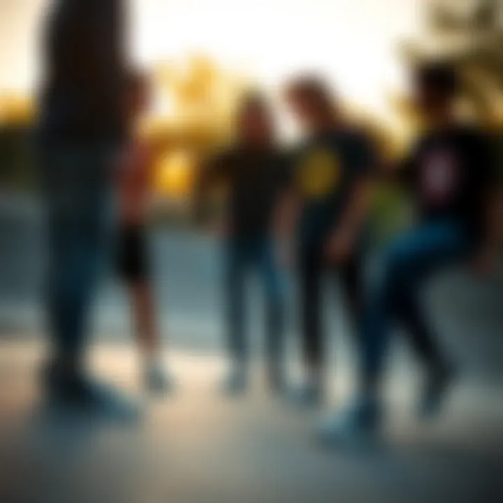 A group of extreme sports enthusiasts in Chuck Taylor All Stars bonding at a skate park.