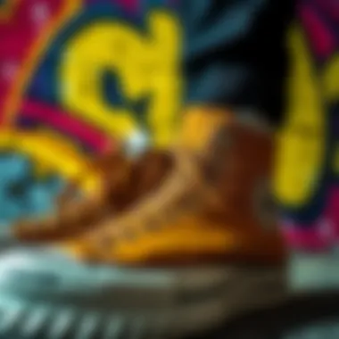 The Cultural Canvas of Chuck Taylor All Stars A close-up of Chuck Taylor All Stars against a vibrant graffiti backdrop.