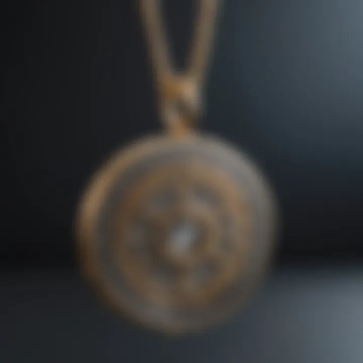 Close-up of silver pendant on a gold chain, emphasizing design details.