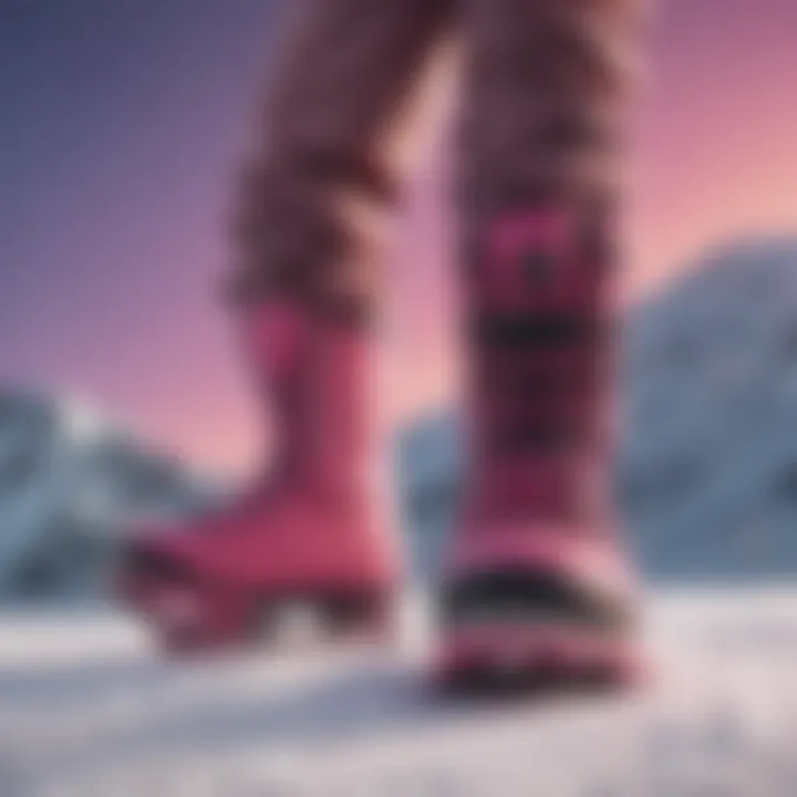 Athlete wearing pink snowboard boots on a vibrant backdrop