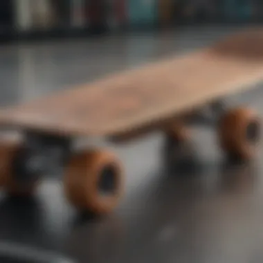 An overview of a skateboard deck showcasing its dimensions and graphics.