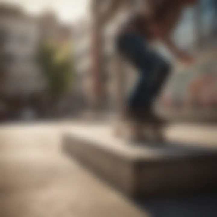 A skateboarder performing tricks on an 8.375 deck in an urban setting.