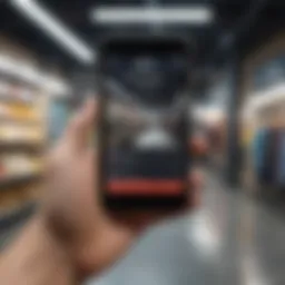 A shopper utilizing a smartphone to browse clothing options online.