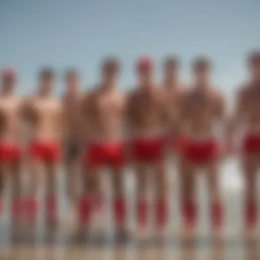 A group of extreme sports athletes gathered, some wearing the Hasselhoff lifeguard hat