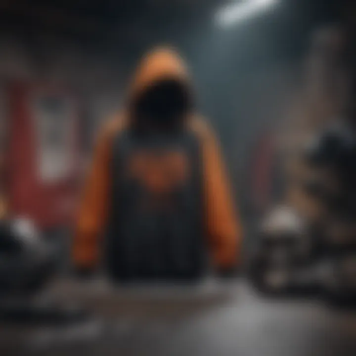 Detailed imagery of a Demon Slayer hoodie hanging against a backdrop of sports equipment.