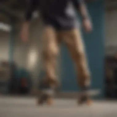 Skateboarder in Action with Dickies Pants A skateboarder performing a trick while wearing Dickies slim straight pants