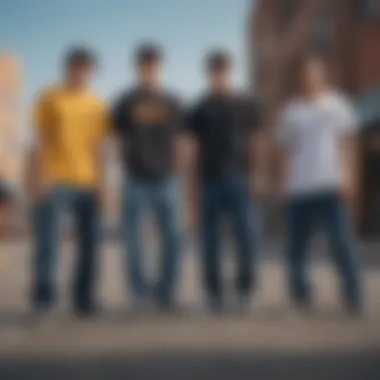 Group of skateboarders in urban setting wearing stylish Dickies pants