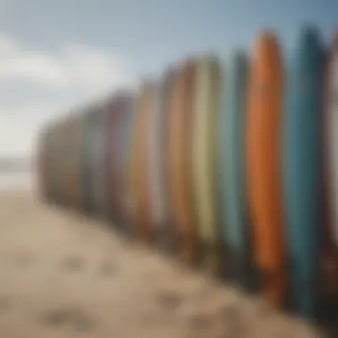 Surfboards Ready for the Waves A close-up of surfboards lined up on the beach ready for action