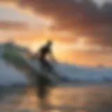 A surfer catching a wave at sunrise in the Outer Banks