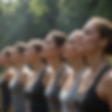 Diverse group engaging in a synchronized breathing exercise outdoors