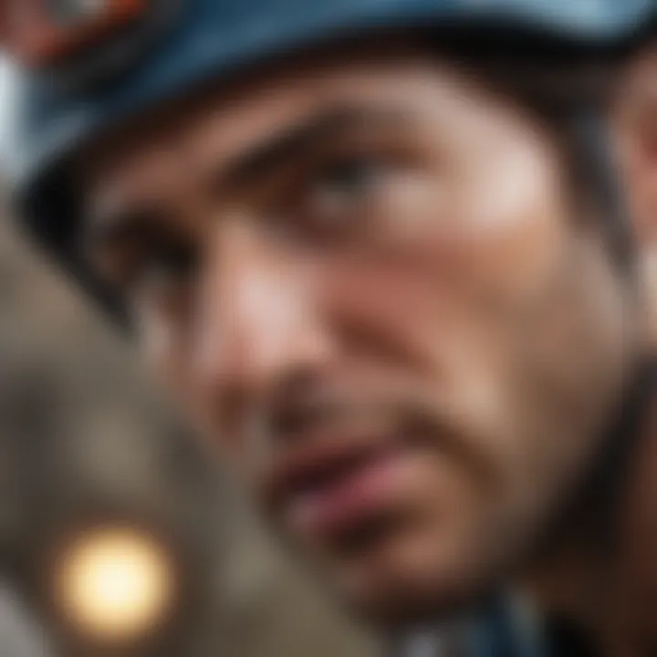 Close-up of a rock climber focusing on breathing during a challenging ascent