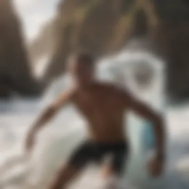 Surfer practicing lung-expanding exercises on the beach