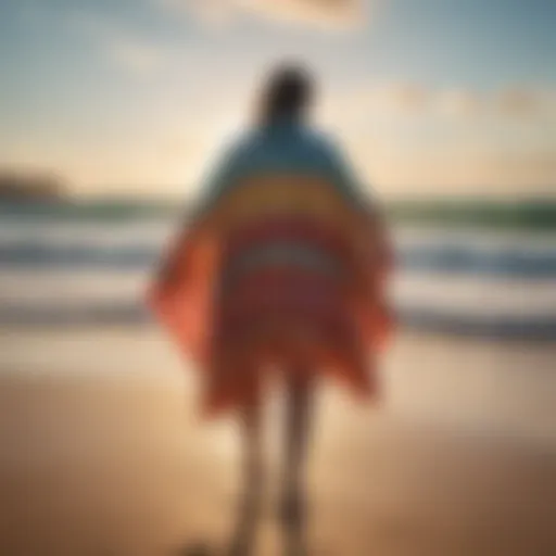 A vibrant surf poncho on the beach with waves in the background