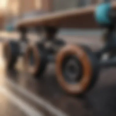 Close-up of longboard wheels on a skateboard deck