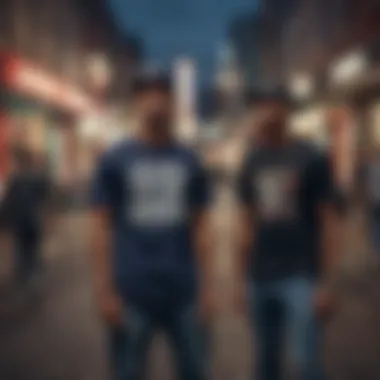 Trendy urban landscape with individuals wearing rapper graphic tees.