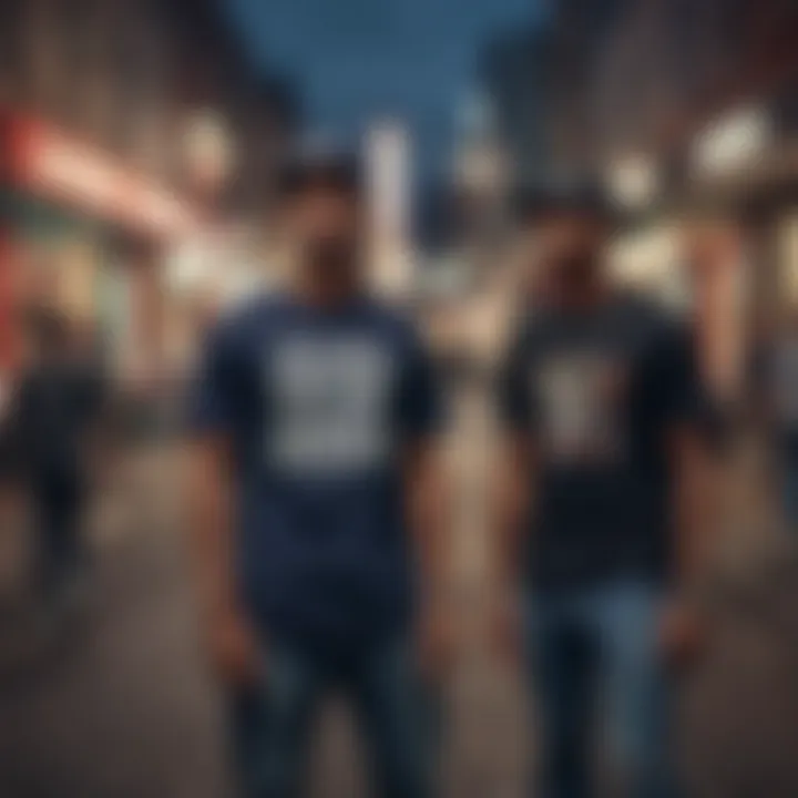 Trendy urban landscape with individuals wearing rapper graphic tees.