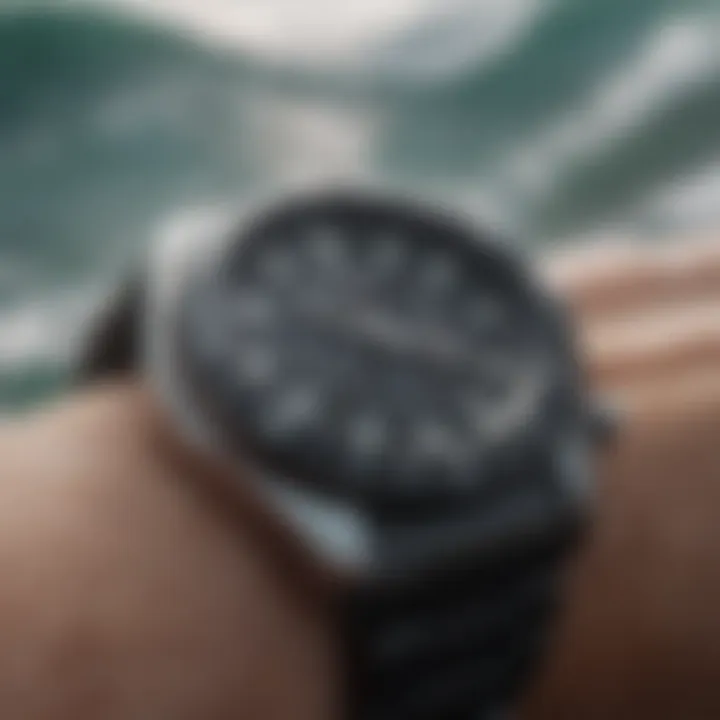 Close-up of watch features for surfers