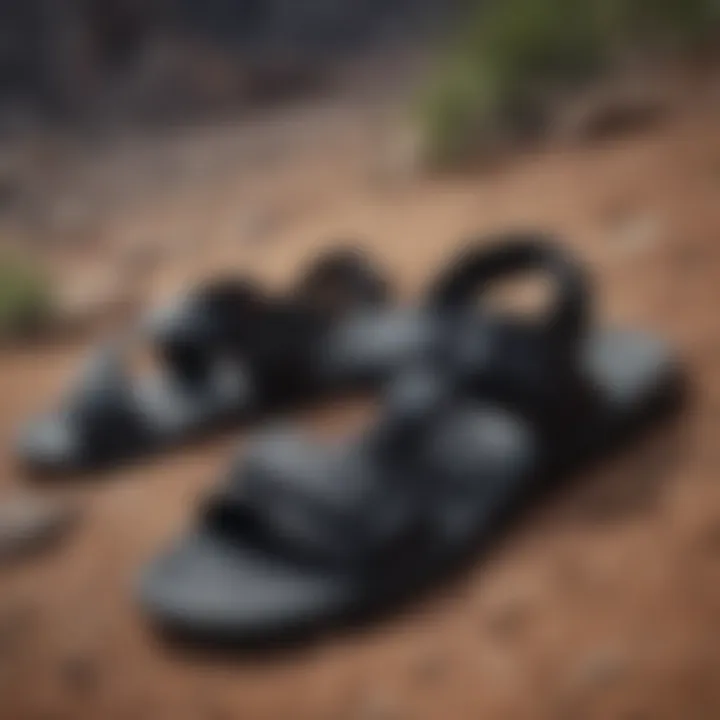 A pair of all black Nike sandals on rugged terrain, illustrating their role in extreme sports.