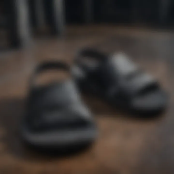 Close-up of the durable materials used in all black Nike sandals, emphasizing functionality.