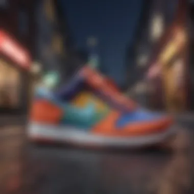 Dynamic display of multicolor Nike sneakers against an urban backdrop