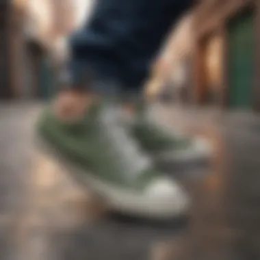 A stylish individual wearing Army Green Converse Low Tops in an urban setting.