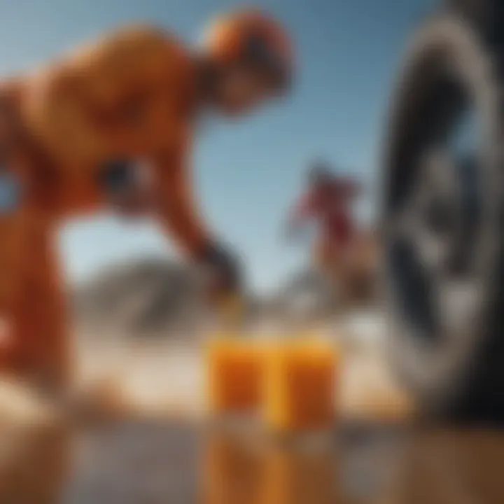 A dynamic scene of athletes engaging in extreme sports, with orange juice and hot juice as their refreshment.