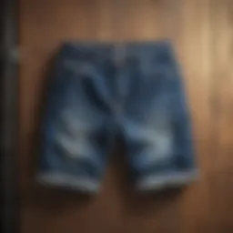 Stylish baggy jean shorts displayed on a rustic wooden background