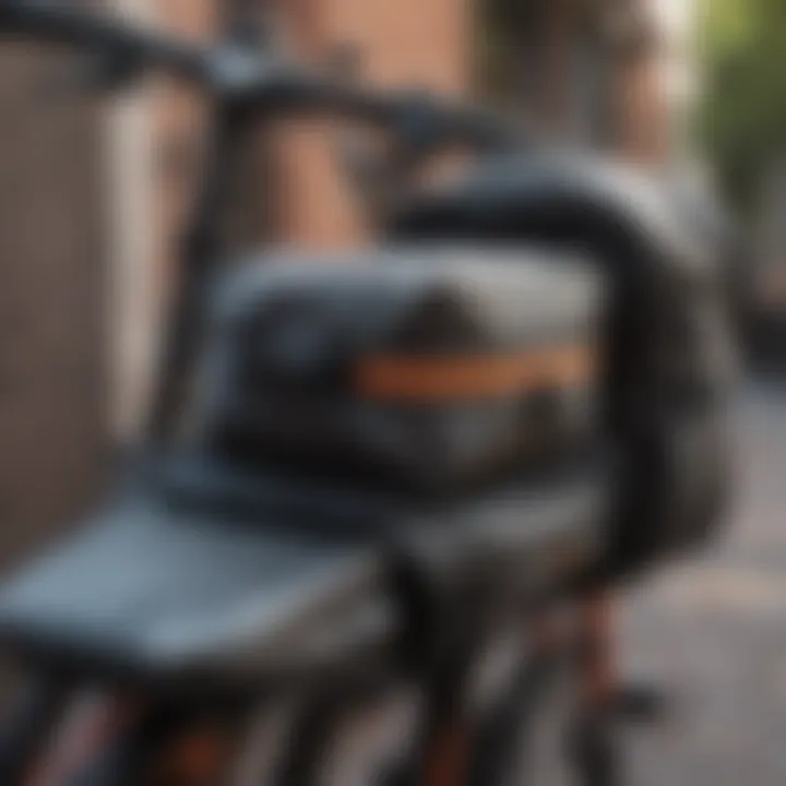 Close-up of a bike courier's gear and delivery bag.